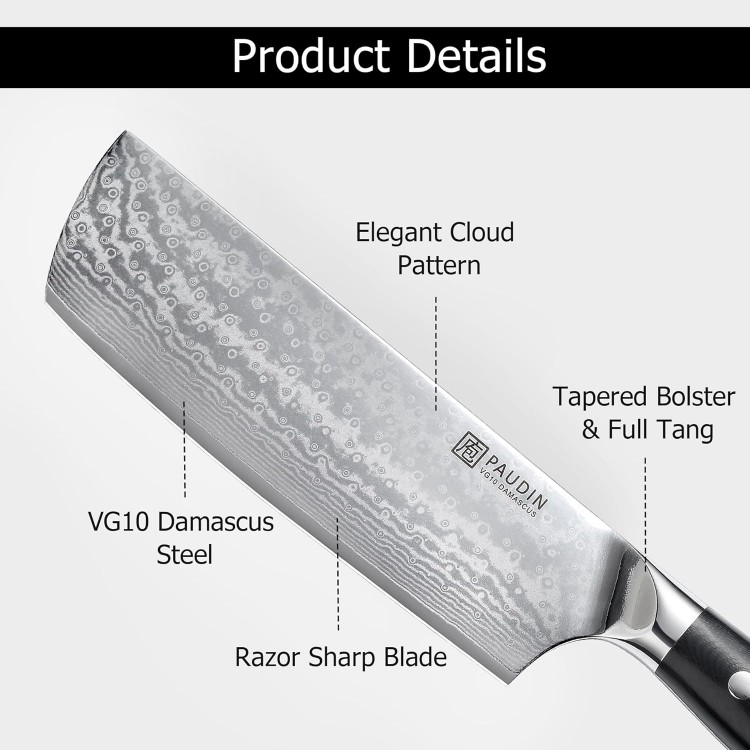 PAUDIN Nakiri Knife 7'', Damascus Chef Knife, Japanese VG-10 Stainless Steel, Kitchen Knife with G10 Full Tang Handle, Razor Sharp 67-Layer Forged Blade