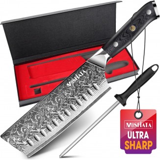 MOSFiATA 7'Nakiri Knife Damascus Professional Sharpe Chef Knife， Kitchen Knifed Damascus Steel VG-10 Blade with Ergonomic Handle Sharpener