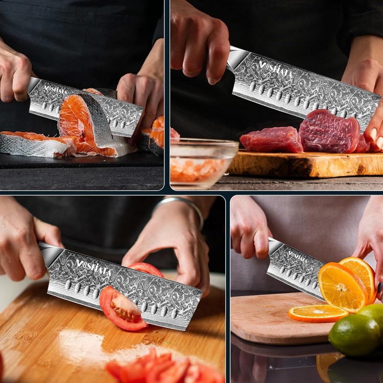 MOSFiATA 7'Nakiri Knife Damascus Professional Sharpe Chef Knife， Kitchen Knifed Damascus Steel VG-10 Blade with Ergonomic Handle Sharpener