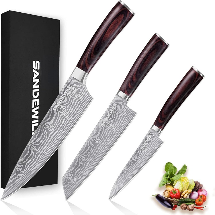 Professional Kitchen Knives High Carbon Stainless Steel Chef Knife Set,3PCS Ultra Sharp Japanese Knife with Sheath,Ergonomic Pakkawood Handle Elegant Gift Box for Home or Restaurant