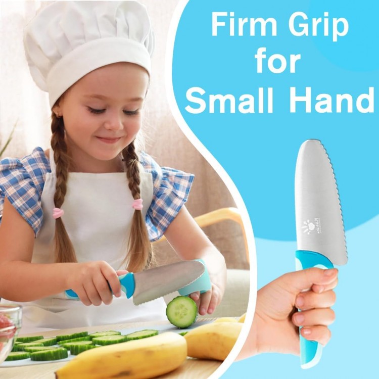 Kids Knife for Real Cooking, Kids Safety Knife, Stainless Steel Kids Chef Knife with Finger Protector, Round Tip Serrated Edges Kitchen Knife for Kids (Blue)