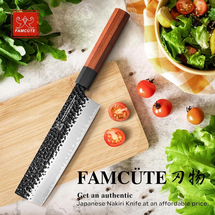 Nakiri Knife 7 Inch, Hand Forged 3 Layers 9CR18MOV High Carbon Steel Japanese Cleaver Knife - Sharp Wood Handle Kitchen Chopping Knife for Men and Women.