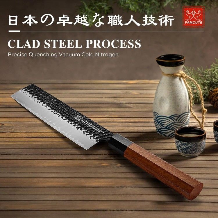 Nakiri Knife 7 Inch, Hand Forged 3 Layers 9CR18MOV High Carbon Steel Japanese Cleaver Knife - Sharp Wood Handle Kitchen Chopping Knife for Men and Women.