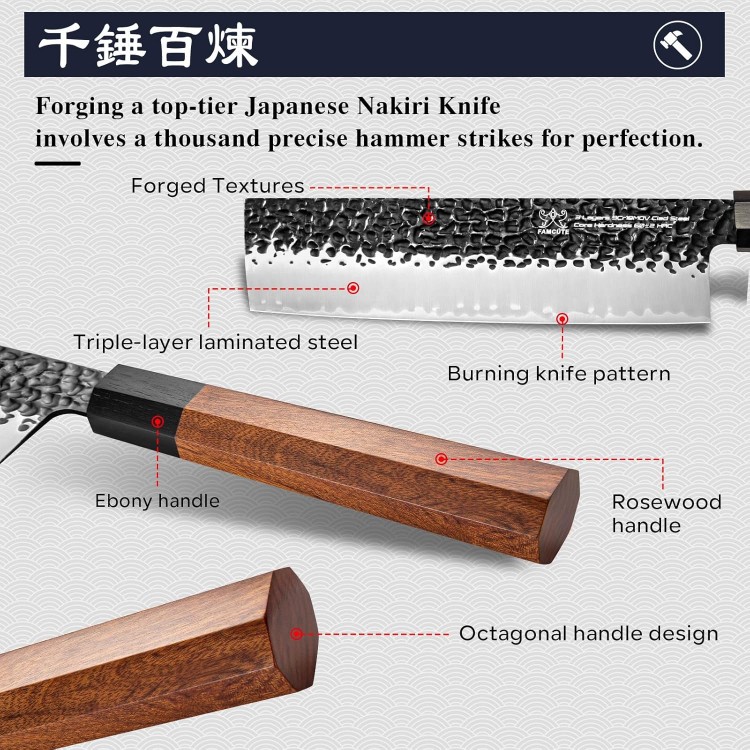 Nakiri Knife 7 Inch, Hand Forged 3 Layers 9CR18MOV High Carbon Steel Japanese Cleaver Knife - Sharp Wood Handle Kitchen Chopping Knife for Men and Women.