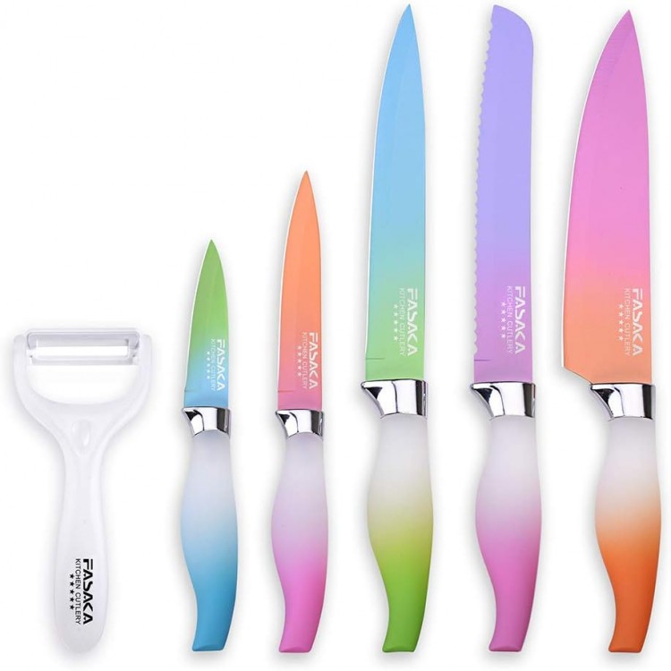 Colorful Kitchen Knife Set 5 Kitchen Knives with Peeler - Non-Stick Stainless Steel Chef Knife Set - Gradient Rainbow Knives with PP Handle