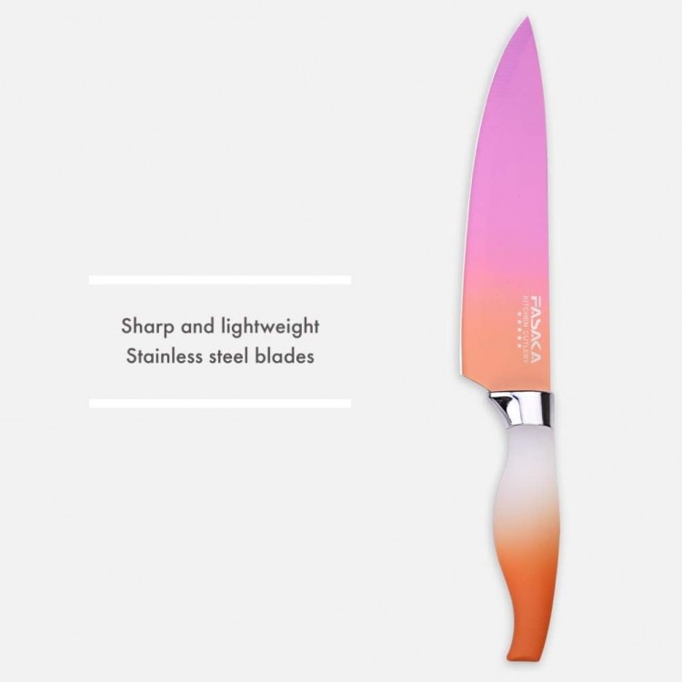 Colorful Kitchen Knife Set 5 Kitchen Knives with Peeler - Non-Stick Stainless Steel Chef Knife Set - Gradient Rainbow Knives with PP Handle