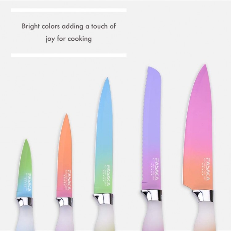 Colorful Kitchen Knife Set 5 Kitchen Knives with Peeler - Non-Stick Stainless Steel Chef Knife Set - Gradient Rainbow Knives with PP Handle