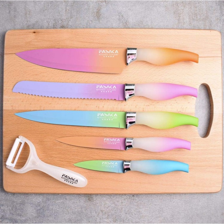 Colorful Kitchen Knife Set 5 Kitchen Knives with Peeler - Non-Stick Stainless Steel Chef Knife Set - Gradient Rainbow Knives with PP Handle