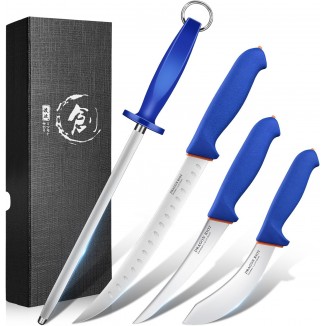 DRAGON RIOT 4 Piece Butcher Knife Set Brisket Trimming Set Include 6 Boning Knife, 6 Skinning Knife, 10 Butcher Breaking Knife and 10 Sharpening Steel