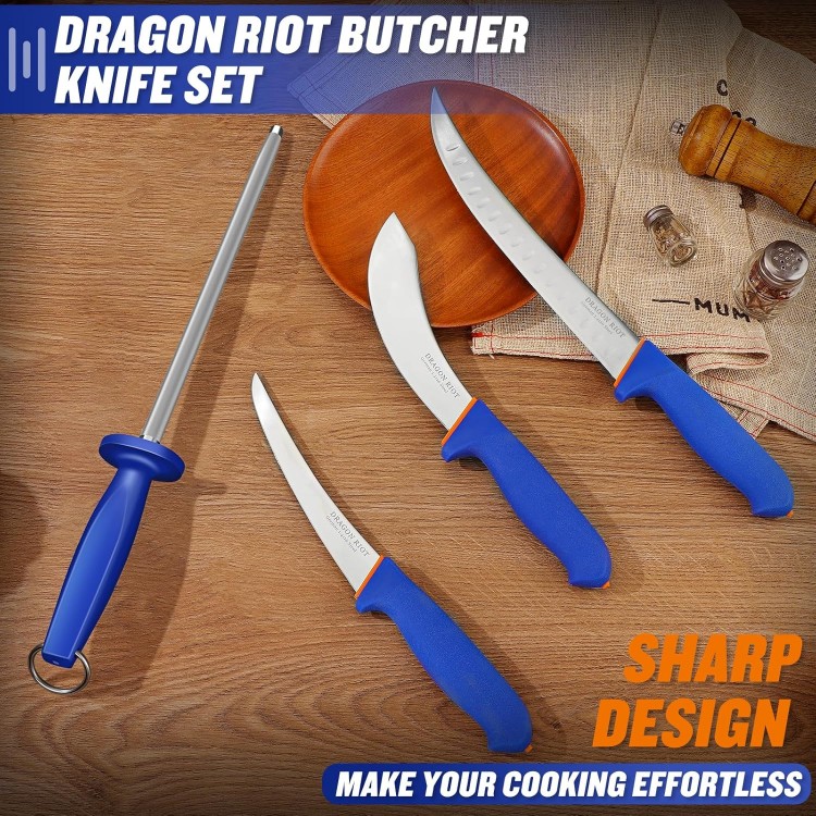 DRAGON RIOT 4 Piece Butcher Knife Set Brisket Trimming Set Include 6 Boning Knife, 6 Skinning Knife, 10 Butcher Breaking Knife and 10 Sharpening Steel