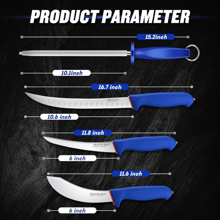 DRAGON RIOT 4 Piece Butcher Knife Set Brisket Trimming Set Include 6 Boning Knife, 6 Skinning Knife, 10 Butcher Breaking Knife and 10 Sharpening Steel