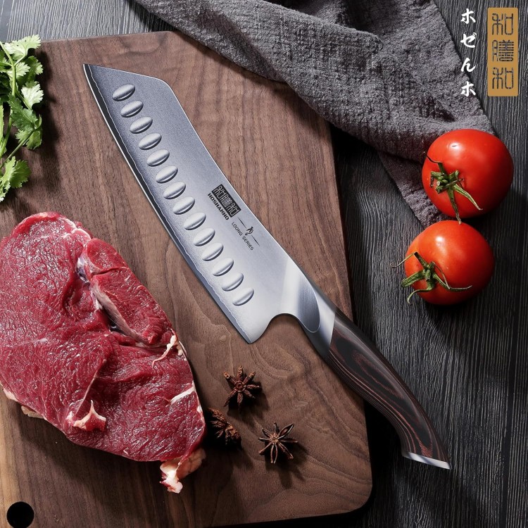 7 Inch Japanese Chef Knife, Ultra Sharp High Carbon Stainless Steel AUS-10 Kitchen Knife, Professional Santoku Knives with Ergonomic Pakkawood Handle