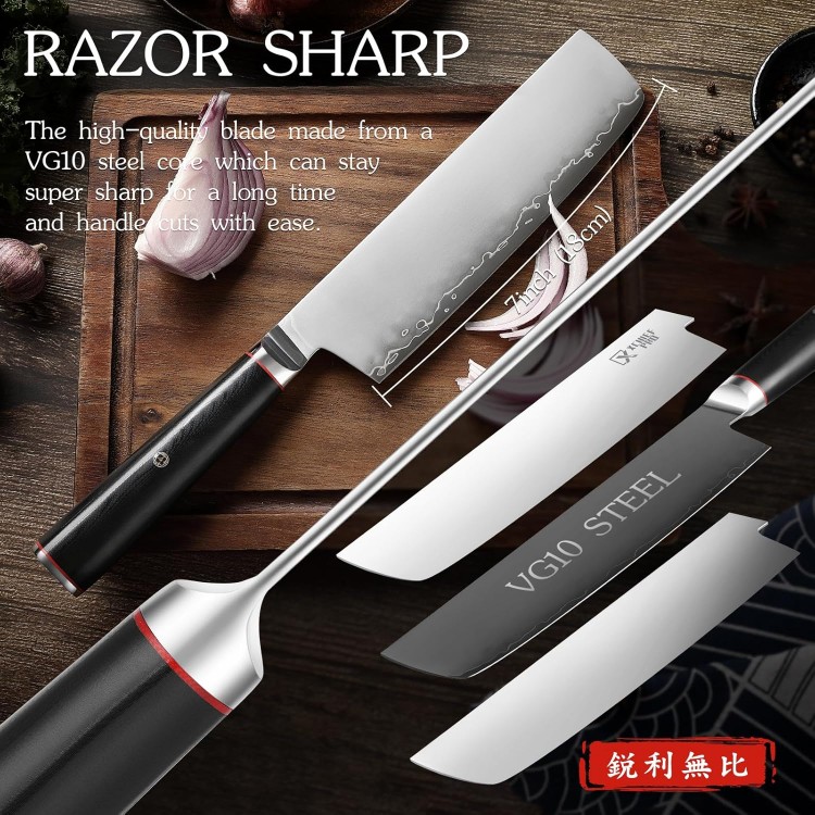 Nakiri Knife - 7 Razor Sharp Meat Cleaver, VG10 Alloy Stainless Core Kitchen Knife for Vegetable Cutting, Japanese Chef Knife for Home and Kitchen with Ergonomic G10 Handle