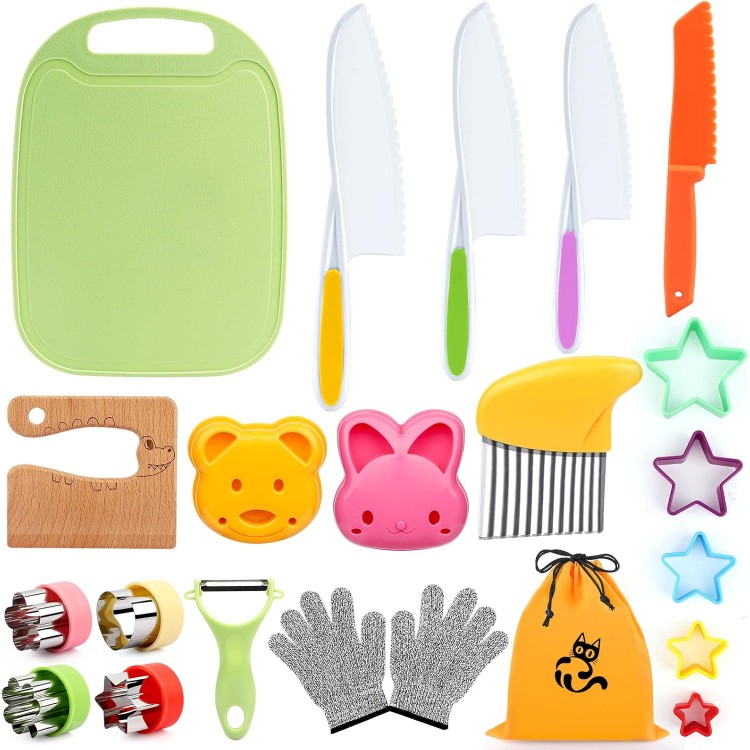 22PCS Wooden Kids Kitchen Knife, Crocodile Knife Set with Gloves Cutting Board Fruit Vegetable Crinkle Cutters Serrated Edges Plastic Toddler Knifes for Real Cooking