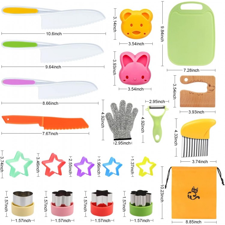 22PCS Wooden Kids Kitchen Knife, Crocodile Knife Set with Gloves Cutting Board Fruit Vegetable Crinkle Cutters Serrated Edges Plastic Toddler Knifes for Real Cooking