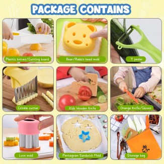 22PCS Wooden Kids Kitchen Knife, Crocodile Knife Set with Gloves Cutting Board Fruit Vegetable Crinkle Cutters Serrated Edges Plastic Toddler Knifes for Real Cooking