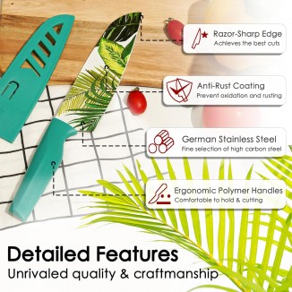 Astercook Knife Set, 12Pcs Colorful Tropical Designs Kitchen Knife Set, Palm Leaf Color-Coded Coated Stainless Steel Kitchen Knives with 6 Blade Guards, Dishwasher Safe