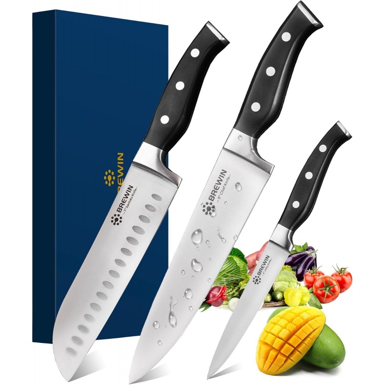 Brewin Professional Kitchen Knives, 3PC Chef Knife Set Sharp Knives for Kitchen High Carbon Stainless Steel, Japanese Cooking Knife with Gift Box