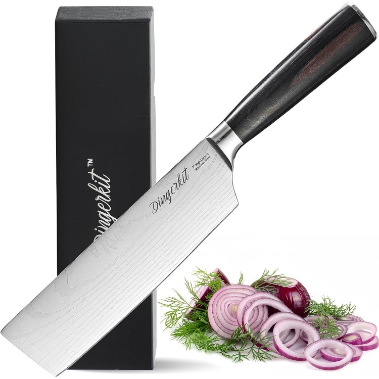 Nakiri Knife - Sharp Meat Cleaver and Vegetable Kitchen Cooking Cutting Knife with Japanese Damascus Pattern High Carbon Steel, 7 Asian Chopping Chef knife with Pakkawood Handle.