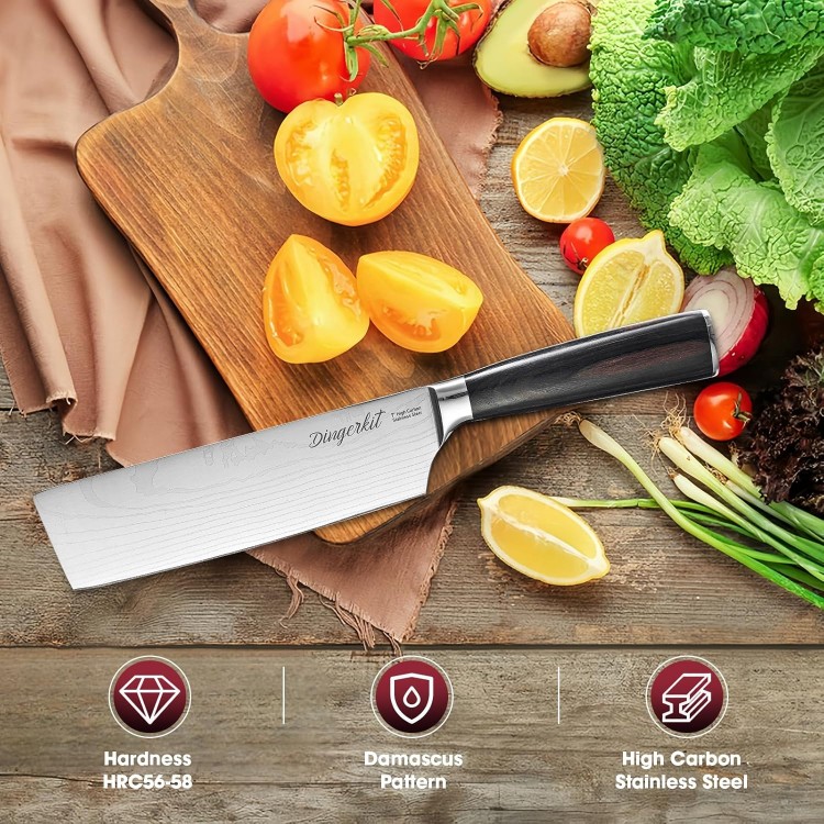 Nakiri Knife - Sharp Meat Cleaver and Vegetable Kitchen Cooking Cutting Knife with Japanese Damascus Pattern High Carbon Steel, 7 Asian Chopping Chef knife with Pakkawood Handle.