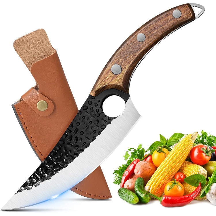 ZENG Butcher Knife Hand Forged Boning Knife with Sheath, Viking Knife, Japanese Knife, High Carbon Steel Fillet Chef Knife Meat Cleaver Knife for Kitchen, Camping, BBQ