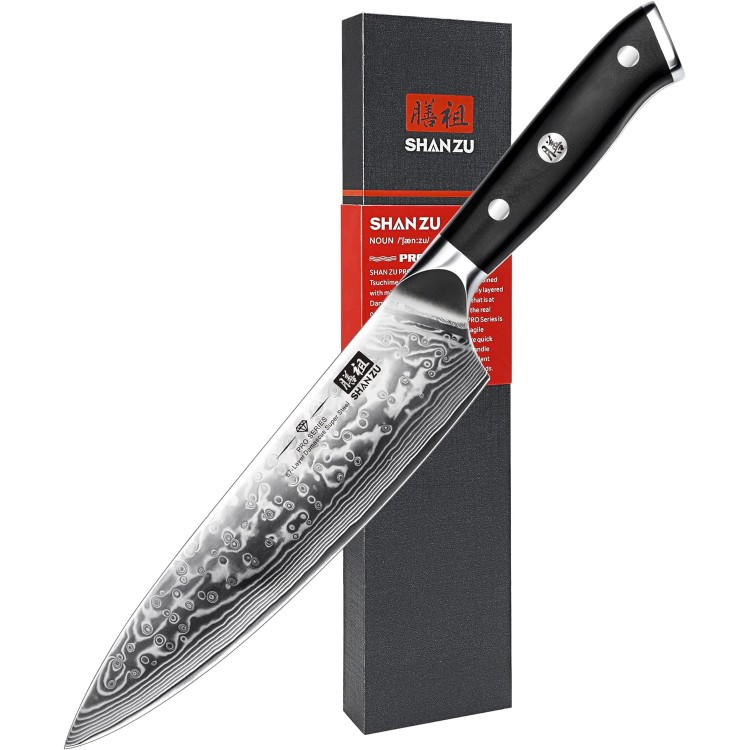 SHAN ZU Chef Knife 8 Inch Japanese Steel Damascus Kitchen Knife, Professional Kitchen Knives Sharp High Carbon Super Steel Kitchen Utility Knife