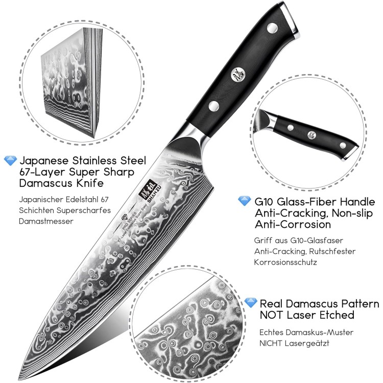 SHAN ZU Chef Knife 8 Inch Japanese Steel Damascus Kitchen Knife, Professional Kitchen Knives Sharp High Carbon Super Steel Kitchen Utility Knife