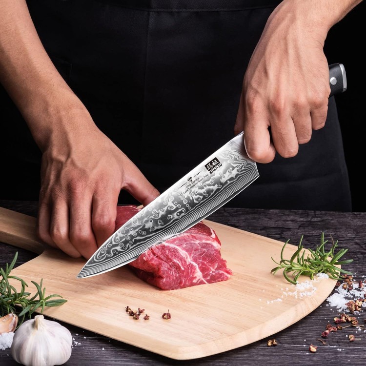 SHAN ZU Chef Knife 8 Inch Japanese Steel Damascus Kitchen Knife, Professional Kitchen Knives Sharp High Carbon Super Steel Kitchen Utility Knife