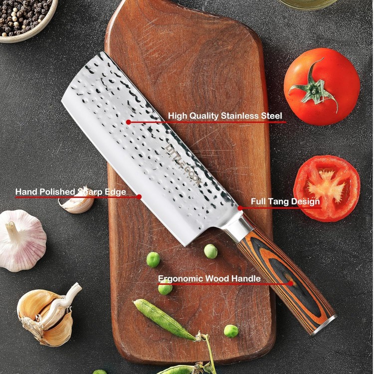 Nakiri Knife, Little Cook 7 inch Ultra Sharp Cleaver and Vegetable Kitchen Knife, Stainless Steel Asian Chef's Knife with Ergonomic Wood Handle, Gift Box Included