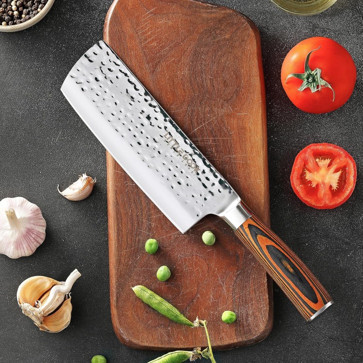 Nakiri Knife, Little Cook 7 inch Ultra Sharp Cleaver and Vegetable Kitchen Knife, Stainless Steel Asian Chef's Knife with Ergonomic Wood Handle, Gift Box Included