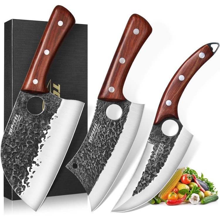 3PCS Butcher Knife Set, Hand Forged Serbian Chef Knife & Meat Cleaver Knife & Viking Knives, Meat Cutting Kitchen Knife Set for Home, Outdoor Cooking, Camping BBQ Men