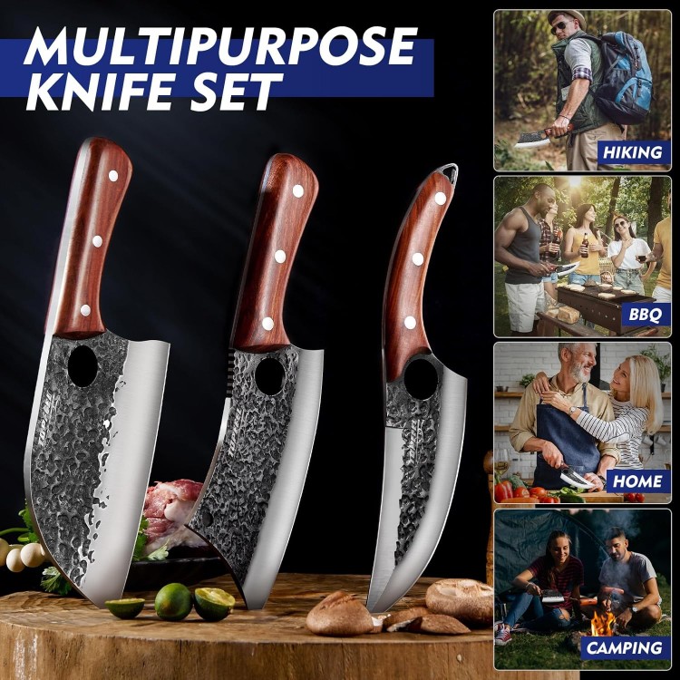 3PCS Butcher Knife Set, Hand Forged Serbian Chef Knife & Meat Cleaver Knife & Viking Knives, Meat Cutting Kitchen Knife Set for Home, Outdoor Cooking, Camping BBQ Men