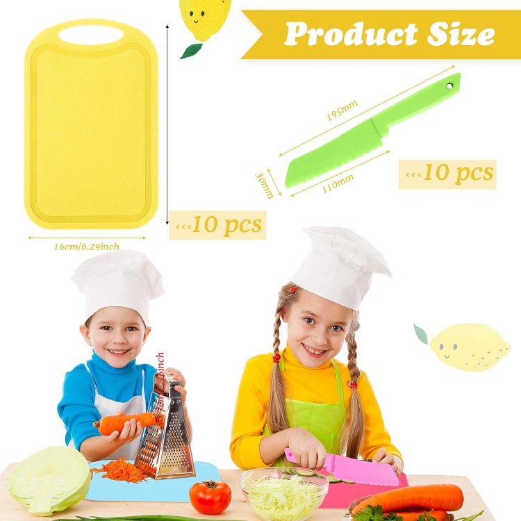 Yinkin 20 Pcs Kids Plastic Knife Set with Cutting Board Toddler Knife Tools, Including 10 Child Safe Knife 10 Kids Chopping Board Kids Cooking Utensils for Cooking Club, Preschool (Fresh,Classic)