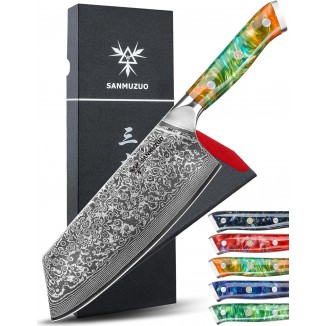 Nakiri Knife - 7.5 inch Cleaver Knife- Xuan Series - VG10 Damascus Steel Kitchen Knife - Resin Handle (Fantasy Orange)