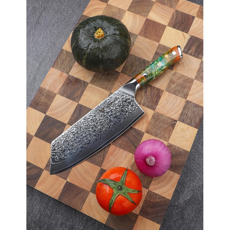 Nakiri Knife - 7.5 inch Cleaver Knife- Xuan Series - VG10 Damascus Steel Kitchen Knife - Resin Handle (Fantasy Orange)