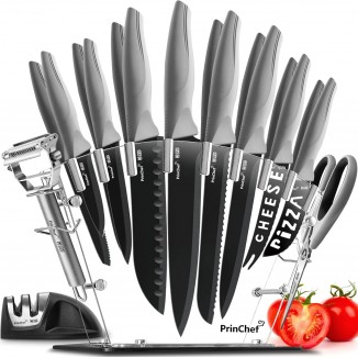 PrinChef Knife Set, 19 Pcs Rust Proof Knives Set for Kitchen, with Acrylic Stand, Sharpener, Scissors and Peeler, Stainless Steel kitchen knife set Nonstick and No Scratch