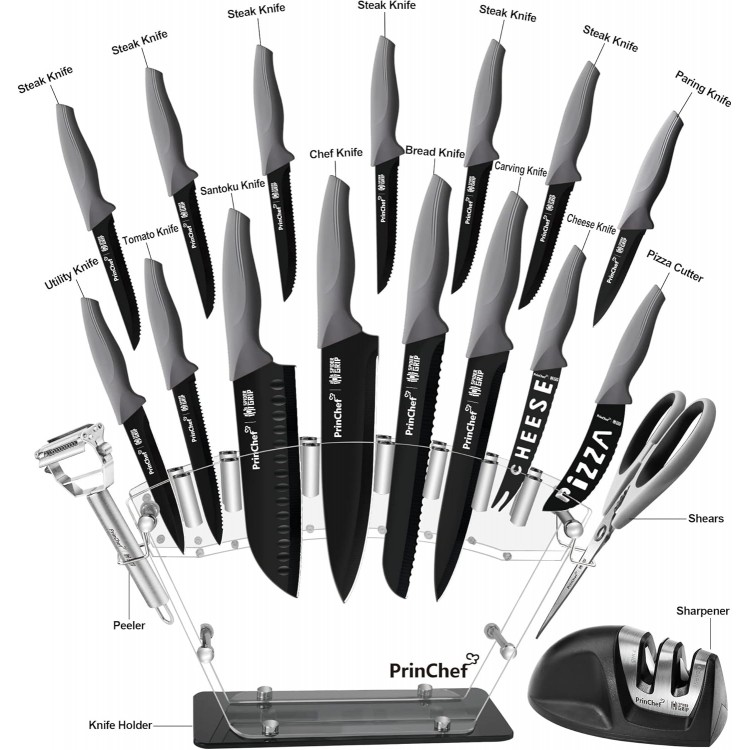 PrinChef Knife Set, 19 Pcs Rust Proof Knives Set for Kitchen, with Acrylic Stand, Sharpener, Scissors and Peeler, Stainless Steel kitchen knife set Nonstick and No Scratch