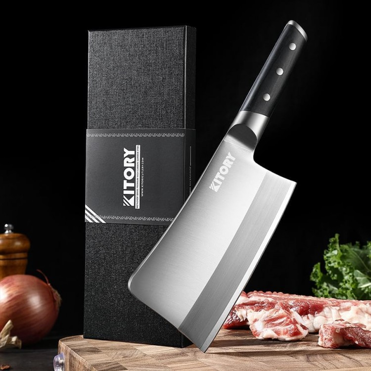 Large Hanlde Meat Cleaver - 7 inch Kitchen Bone Chopper,German High Carbon Stainless Steel Chopping Knife with Ergonomic Wodden Handle - for Home Kitchen and Restaurant - 2024 Gifts Box