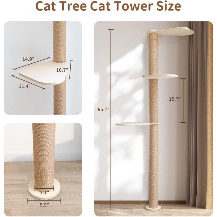 Wood Cat Tower Floor to Ceiling Adjustable, Tree Tall Cat Scratching Post, Cat Tree with 3-Tier Floor for Climb, Cat Climbing Tower Vertical with Natural Sisal Rope