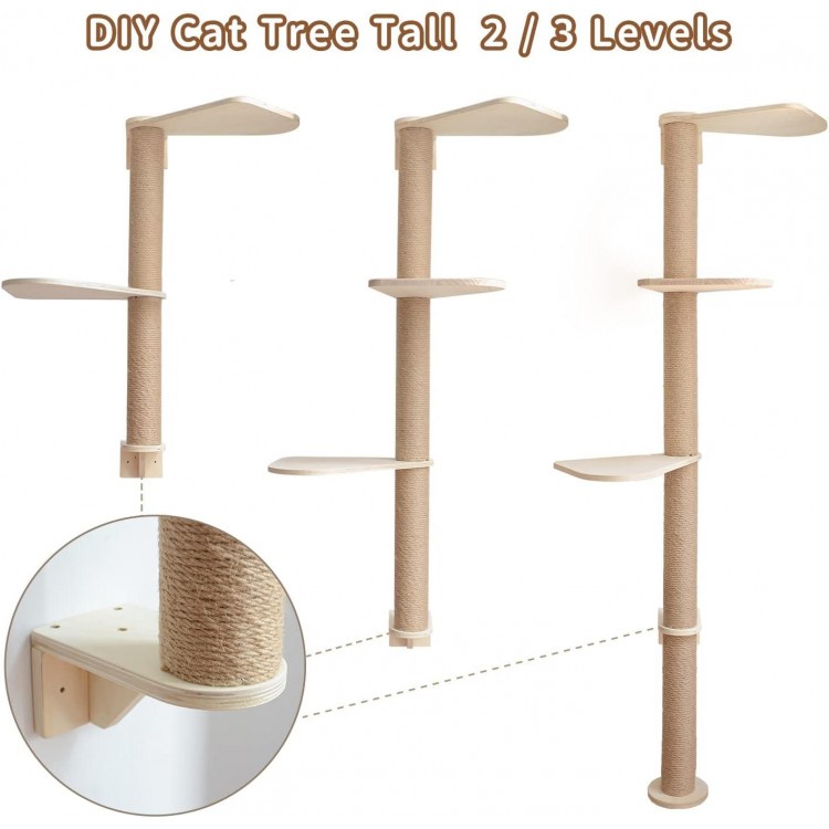 Wood Cat Tower Floor to Ceiling Adjustable, Tree Tall Cat Scratching Post, Cat Tree with 3-Tier Floor for Climb, Cat Climbing Tower Vertical with Natural Sisal Rope