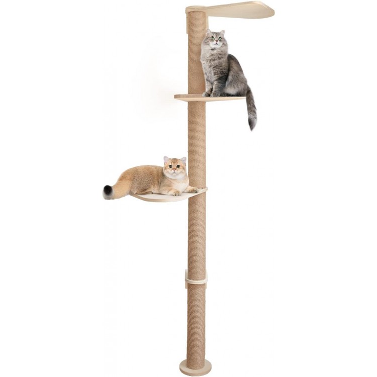 Wood Cat Tower Floor to Ceiling Adjustable, Tree Tall Cat Scratching Post, Cat Tree with 3-Tier Floor for Climb, Cat Climbing Tower Vertical with Natural Sisal Rope