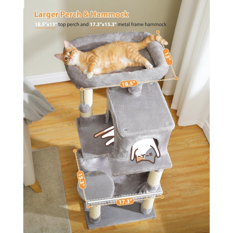 PETEPELA 45.7 Cat Tree for Indoor Cats, 5-Level Cat Tower for Large Cats with Metal Frame Large Hammock (17.3x15.3), Cat Condo with (18.5x13) Big Top Perch & 4 Sisal Covered Scratching Post Grey