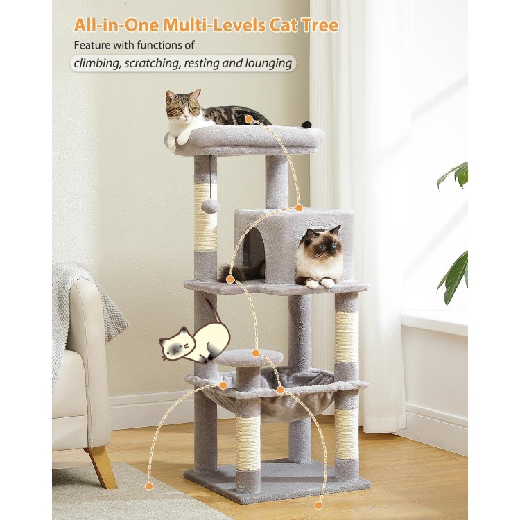 PETEPELA 45.7 Cat Tree for Indoor Cats, 5-Level Cat Tower for Large Cats with Metal Frame Large Hammock (17.3x15.3), Cat Condo with (18.5x13) Big Top Perch & 4 Sisal Covered Scratching Post Grey