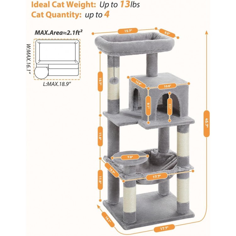 PETEPELA 45.7 Cat Tree for Indoor Cats, 5-Level Cat Tower for Large Cats with Metal Frame Large Hammock (17.3x15.3), Cat Condo with (18.5x13) Big Top Perch & 4 Sisal Covered Scratching Post Grey