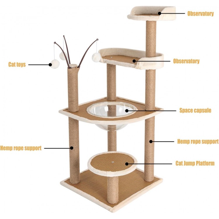 Cat Tree, 48-Inch Cat Tower for Indoor Cats, 4-Tiers Cat Climbing Frame w/Hemp Rope Scratching Post, Clear Space Capsule, Cat Tower Pet Play House Furniture up to 33.07 LBS Capacity for Cats