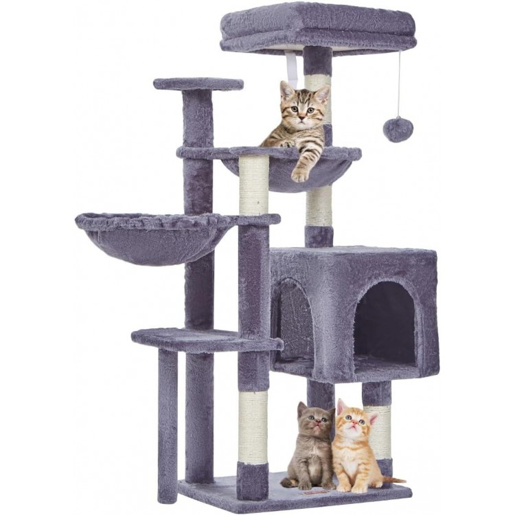 Taoqimiao Cat Tree, 39.4-Inch Cat Tower for Indoor Cats,Suitable for Kittens,Plush Cat Condo with 5 Scratching Posts, Plush Perch,2 Hammock,Pompoms, MS019G Smoky Gray