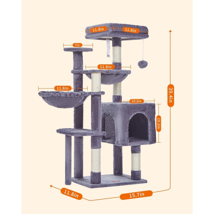 Taoqimiao Cat Tree, 39.4-Inch Cat Tower for Indoor Cats,Suitable for Kittens,Plush Cat Condo with 5 Scratching Posts, Plush Perch,2 Hammock,Pompoms, MS019G Smoky Gray