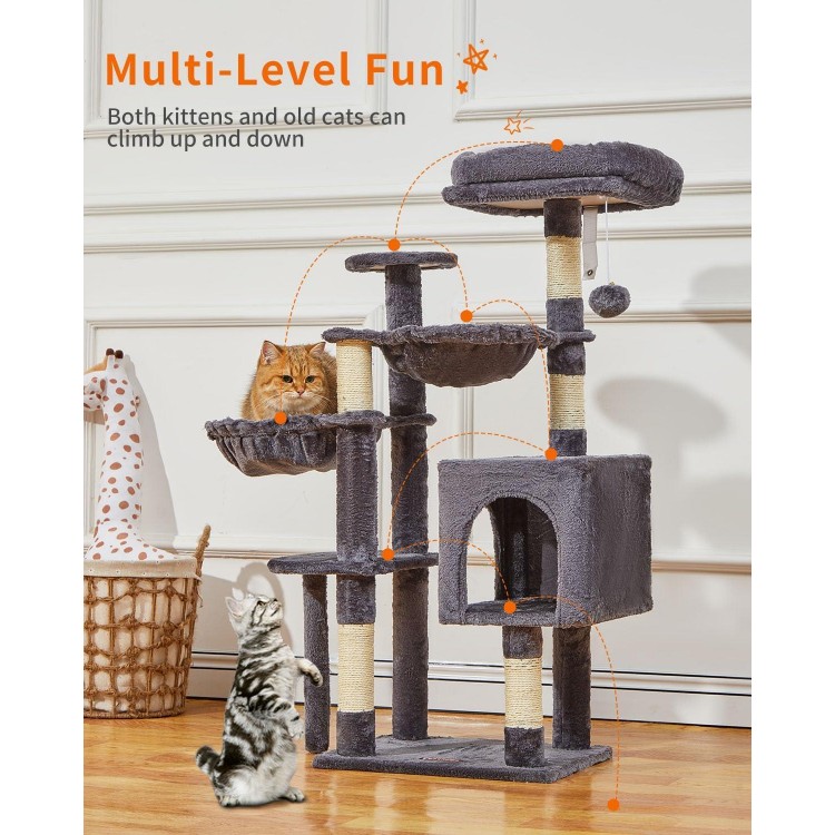 Taoqimiao Cat Tree, 39.4-Inch Cat Tower for Indoor Cats,Suitable for Kittens,Plush Cat Condo with 5 Scratching Posts, Plush Perch,2 Hammock,Pompoms, MS019G Smoky Gray