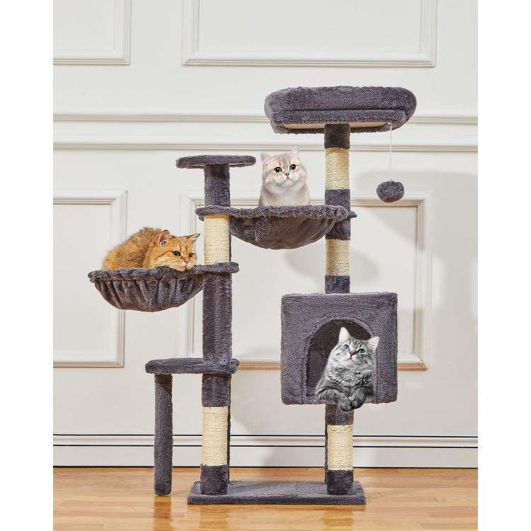 Taoqimiao Cat Tree, 39.4-Inch Cat Tower for Indoor Cats,Suitable for Kittens,Plush Cat Condo with 5 Scratching Posts, Plush Perch,2 Hammock,Pompoms, MS019G Smoky Gray