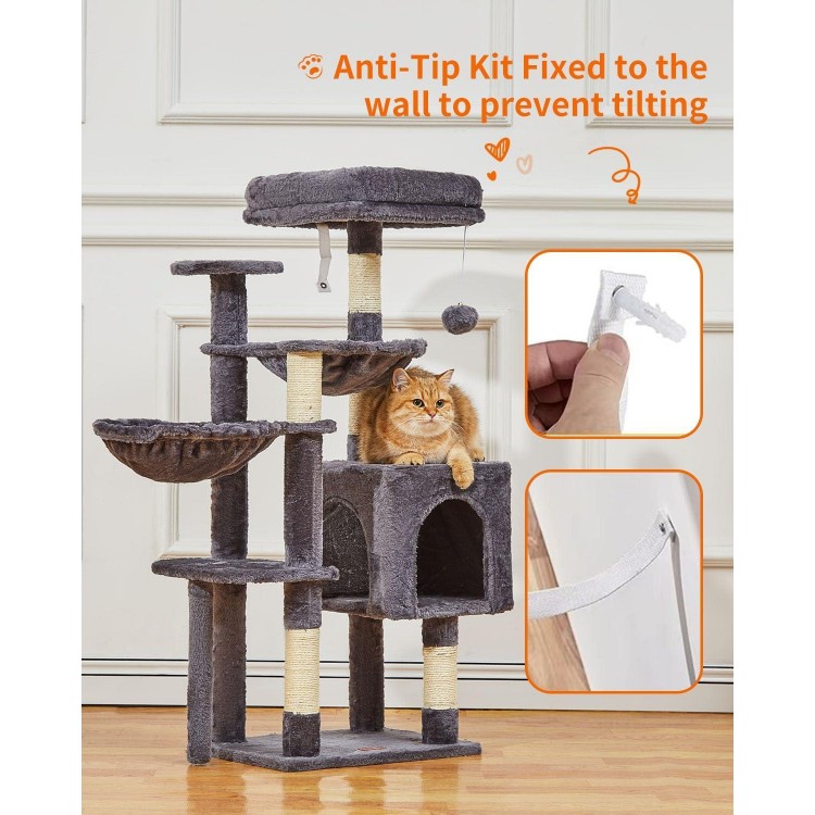 Taoqimiao Cat Tree, 39.4-Inch Cat Tower for Indoor Cats,Suitable for Kittens,Plush Cat Condo with 5 Scratching Posts, Plush Perch,2 Hammock,Pompoms, MS019G Smoky Gray